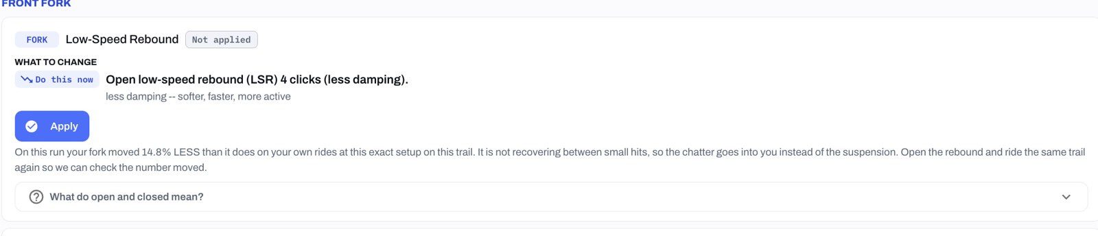 Recommendation card at the Quick level: Open low-speed rebound (LSR) 4 clicks, with a one-paragraph reason