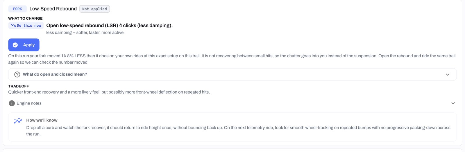 The same recommendation at the Standard level, adding the tradeoff, engine notes and 'How we'll know' verification criteria